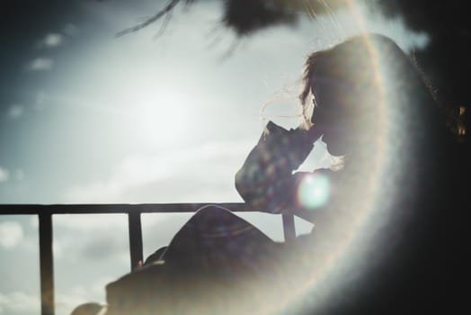 beautiful girl shadow halo viewpoint lisbon sunset