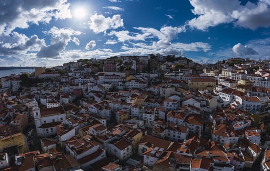 drone landscape lisbon view sunny day buildings panoramic