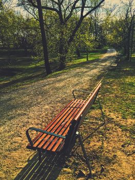 Empty bench in park during a city lockdown in coronavirus pandemic, outdoors and social issue