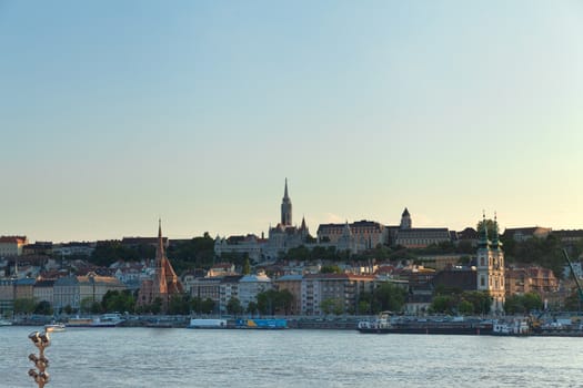 Budapest, Hungary - 4 May 2017: Buda view at sunset showing Fisherman's Bastion and Danube