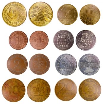 different old germany coins isolated on white background