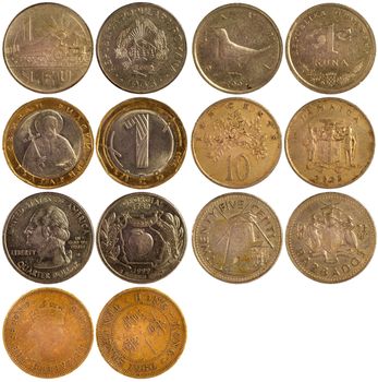 old rare coins of different countries isolated on white background