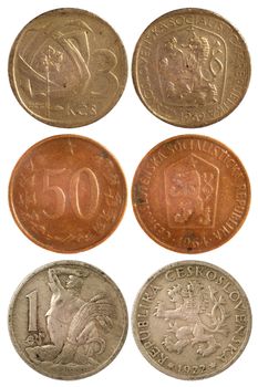 rare vintage coins of czechoslovakia isolated on white background