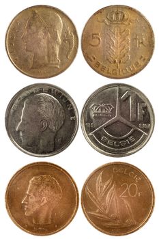 rare coins of belgium isolated on white background