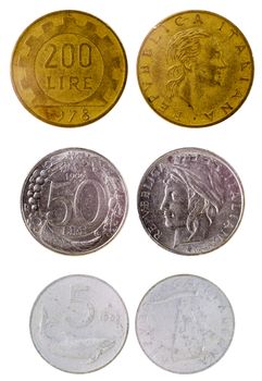 different old italian coins isolated on white background