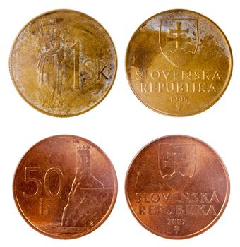 two old coins of slovenia isolated on white background