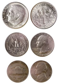 different old american coins isolated on white background