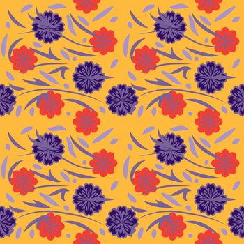 Vector seamless pattern with flowers of doodles made using stencil. Floral colorful background in hand draw childish style. Abstract summery simple illustration