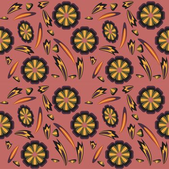 Vector seamless pattern with flowers of doodles made using stencil. Floral colorful background in hand draw childish style. Abstract summery simple illustration