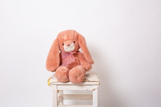 Pink rabbit plush doll sitting on a stool on white background. Easter Bunny. Easter Hare