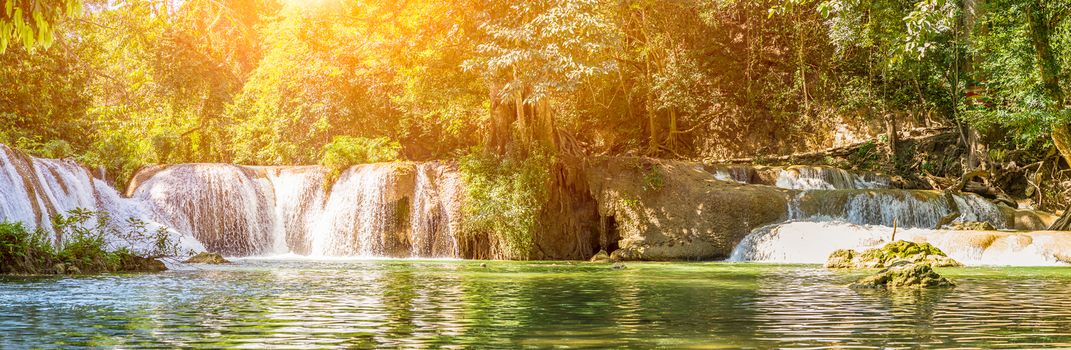 Panorama Waterfall in a forest on the mountain in tropical forest at Waterfall Chet Sao Noi in National park Saraburi province, Thailand