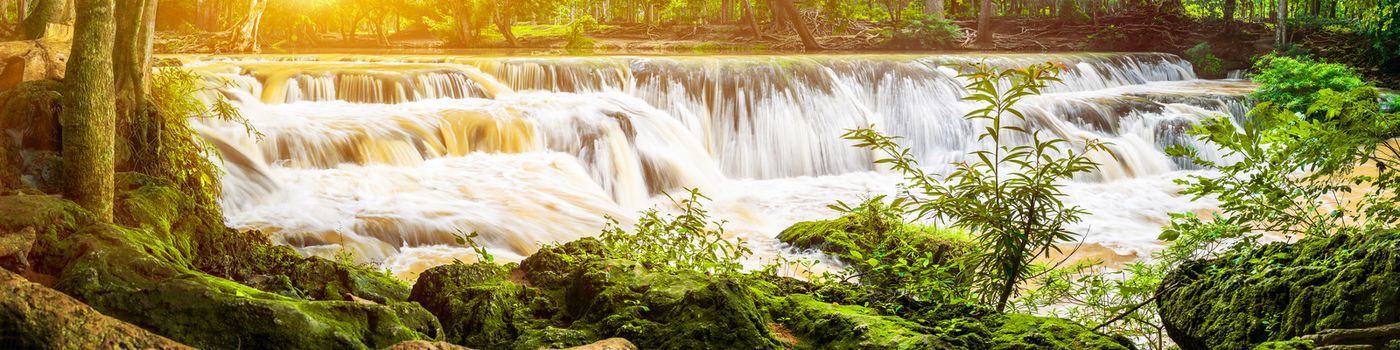 Panorama Waterfall in a forest on the mountain in tropical forest at National park Saraburi province, Thailand