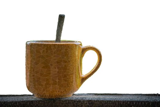 Abstract Triangles line A Coffee cup on wooden table with white background