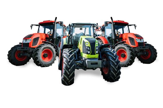Group of new and modern agricultural generic tractors isolated on white background (mixed)