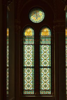 Budapest, Hungary - 6 May 2017: Stained glass window inside Hungarian Parliament