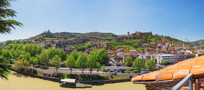 Panorama view of Tbilisi, capital of Georgia country. Old part of city with Narikala fortress on the hill.