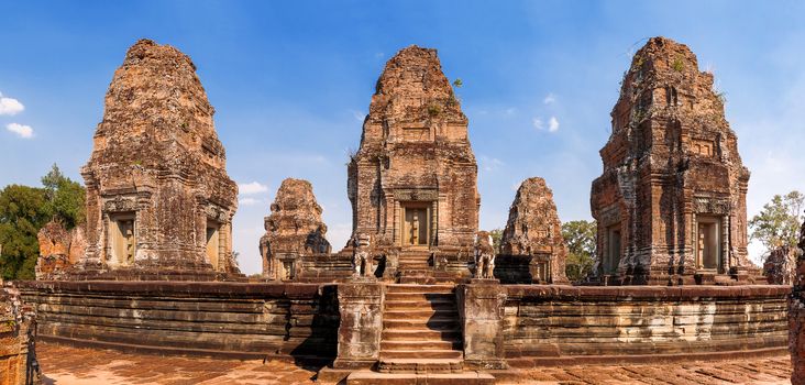 Banteay Srei - 10th century Hindu temple dedicated to Shiva. Angkor area of Cambodia. Panorama view.