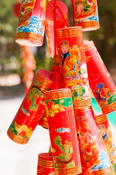 Red chinese New Year decorations. Symbols of luck and protection. Cambodia.