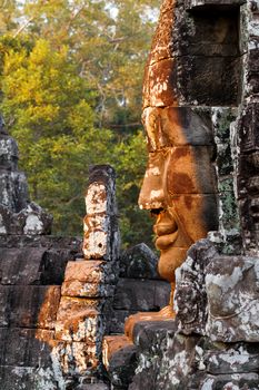 Towers with faces in Angkor Wat, a temple complex in Cambodia and the largest religious monument in the world. UNESCO World Heritage Site.