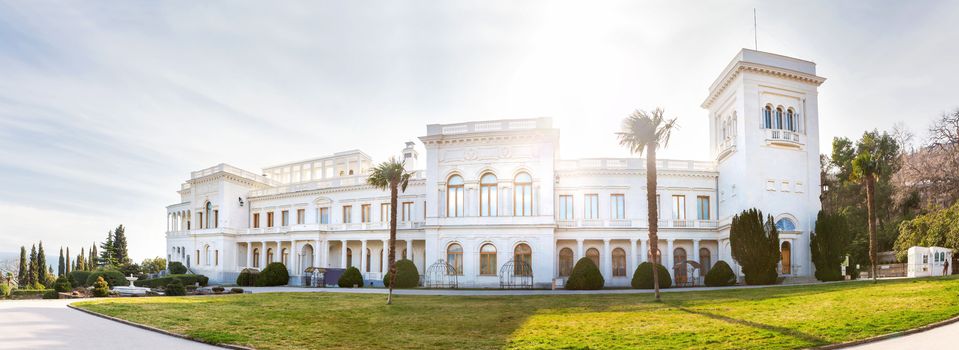 Panorama of Livadia Palace in Crimea. Summer manor of the last Russian tsar Nicholas II. Architectural monument. Russia.