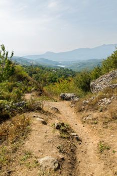 Canyon of mountains. Panorama view. Demerdzhi mountains, near Alushta. Crimea, Russia.