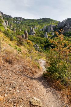 Famous "Ghost Valley" with strangly shaped rocks. Demerdji mountains. Crimea, Russia.