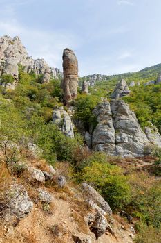 Famous "Ghost Valley" with strangly shaped rocks. Demerdji mountains. Crimea, Russia.