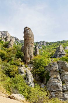 Famous "Ghost Valley" with strangly shaped rocks. Demerdji mountains. Crimea, Russia.