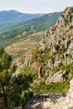 Famous "Ghost Valley" with strangly shaped rocks. Demerdji mountains. Crimea, Russia.