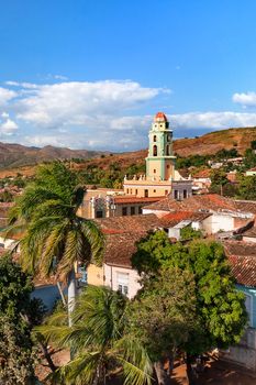 Colonial town cityscape of Trinidad, Cuba. Museo Nacional de la Lucha Contra Bandidos in Iglesia y Convento de San Francisco (Saint Francisco church). UNESCO World Heritage Site.
