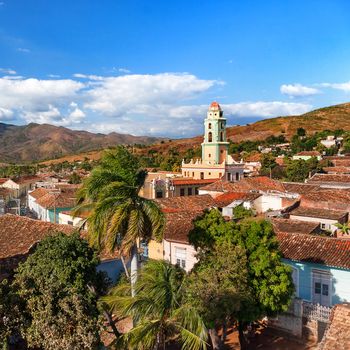 Colonial town cityscape of Trinidad, Cuba. Museo Nacional de la Lucha Contra Bandidos in Iglesia y Convento de San Francisco (Saint Francisco church). UNESCO World Heritage Site.