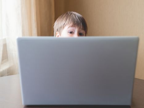 Curious toddler boy explores the laptop and smiles over screen of laptop.