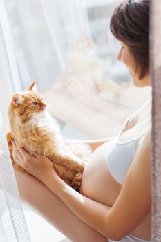 Pregnant woman in white underwear with cute ginger cat. Young woman expecting a baby. Risk of infection toxoplasmosis.
