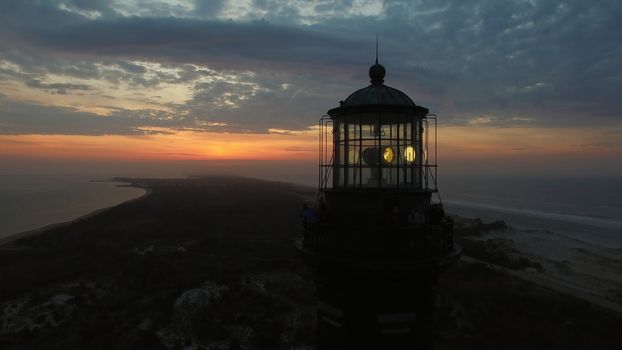 Aerial View of Sunrise at lighthouse on Long Island on a Spring Morning by a Drone