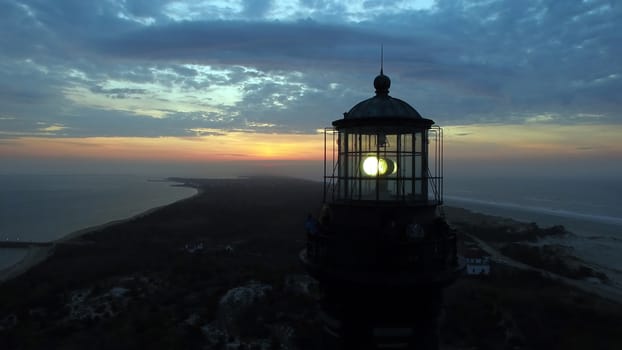 Aerial View of Sunrise at lighthouse on Long Island on a Spring Morning by a Drone