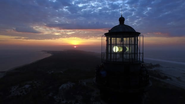 Aerial View of Sunrise at lighthouse on Long Island on a Spring Morning by a Drone