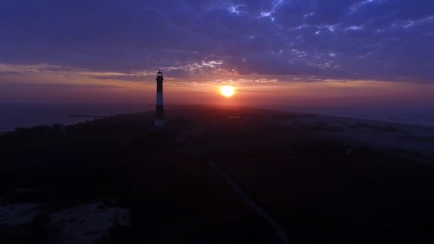 Aerial View of Sunrise at lighthouse on Long Island on a Spring Morning by a Drone