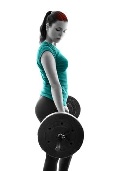 Fit attractive young woman working out with a barbell, backlit silhouette studio shot isolated on white background. Fitness and healthy lifestyle concept.