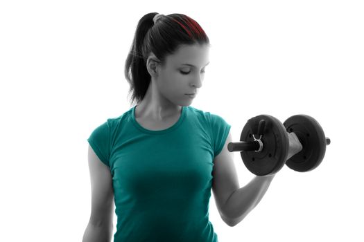 Fit attractive young woman working out with a dumbbell, doing biceps curl, backlit silhouette studio shot isolated on white background. Fitness and healthy lifestyle concept.