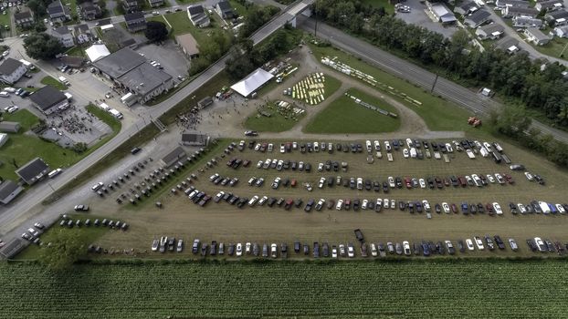 Aerial View of an Amish Fall Mud Sale as seen by a Drone on a Cloudy Day