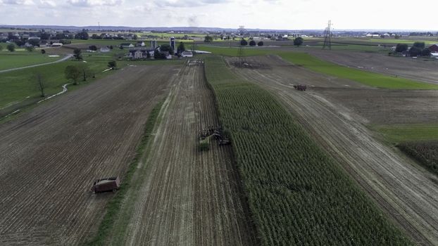 Aerial View of Amish Farmers Harvesting Their Crops on an Autumn Day with Teams of Horses as Seen by a Drone