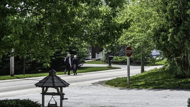 Amish Couple Walking on a Residential Road on a Summer Day