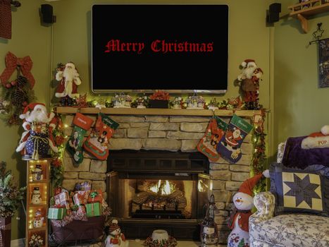 Interior Christmas Display with Fireplace and Decorations