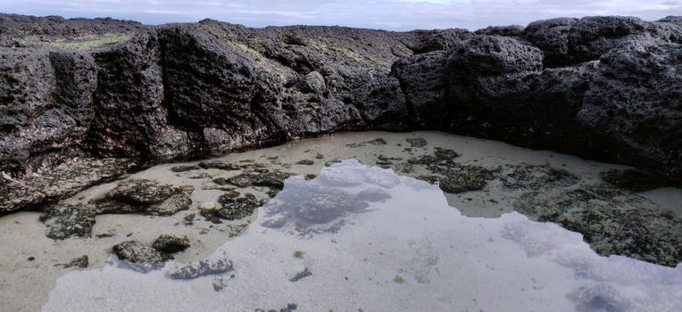 Macro shot of volcanic black rock on the hyeopjae beach while in vacation in jeju island, south korea