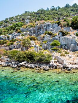 Ruins of Sunken city on Kekova, small Turkish island near Demre. Antalya province, Turkey.