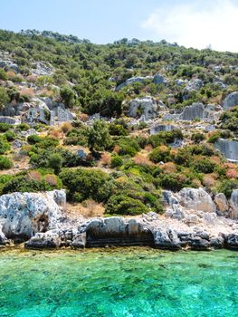 Ruins of Sunken city on Kekova, small Turkish island near Demre. Antalya province, Turkey.