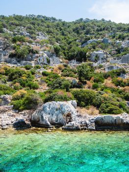 Ruins of Sunken city on Kekova, small Turkish island near Demre. Antalya province, Turkey.