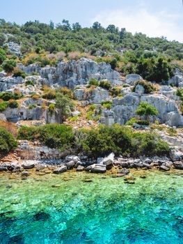 Ruins of Sunken city on Kekova, small Turkish island near Demre. Antalya province, Turkey.