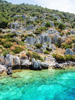 Ruins of Sunken city on Kekova, small Turkish island near Demre. Antalya province, Turkey.