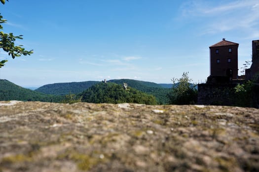 View to the medieval Trifels castle over a rock wall